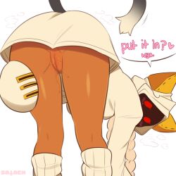 Rule 34 | 1girl, absurdres, animal ears, ass, ass focus, bent over, blazblue, blonde hair, blush, braid, cat ears, cat tail, censored, cleft of venus, dark-skinned female, dark skin, english text, feet out of frame, from behind, highres, hood, hood up, hoodie, long hair, looking at viewer, looking back, mosaic censoring, no panties, pussy, pussy juice, red eyes, sataen, simple background, solo, tail, taokaka, thighs, twin braids, white background, white hoodie