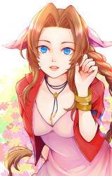 Rule 34 | 1girl, absurdres, aerith gainsborough, alternate eye color, bangle, blue eyes, bow, bracelet, braid, braided ponytail, breasts, brown hair, choker, cleavage, dress, final fantasy, final fantasy vii, final fantasy vii remake, floral background, flower choker, hair bow, hair ribbon, hand in own hair, highres, jacket, jewelry, leaning forward, long hair, looking at viewer, medium breasts, parted bangs, parted lips, pink bow, pink dress, pink ribbon, red jacket, ribbon, short sleeves, sidelocks, solo, umxzo, upper body