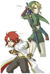 Rule 34 | 00s, 2boys, back-to-back, blonde hair, blue eyes, character name, crossover, earrings, fighting stance, gloves, hat, holding, holding sword, holding weapon, jewelry, link, luke fon fabre, male focus, master sword, multiple boys, nintendo, pointy ears, ready to draw, red hair, sheath, sheathed, sword, tales of (series), tales of the abyss, the legend of zelda, weapon, weapon on back, white background