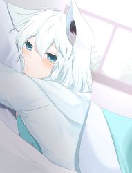 Rule 34 | 1girl, 345 myk, absurdres, animal ear fluff, animal ears, bed sheet, blanket, blurry, blurry background, blush, braid, commentary request, fox ears, fox girl, green eyes, hair between eyes, highres, hololive, hood, hoodie, indoors, long hair, looking at viewer, lying, hugging object, on stomach, pillow, pillow hug, shirakami fubuki, sidelocks, single braid, solo, under covers, virtual youtuber, white hair, white hoodie