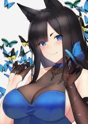 Rule 34 | 1girl, animal ears, black gloves, blue butterfly, blue dress, blue eyes, blunt bangs, blush, breasts, bug, butterfly, cat ears, closed mouth, dress, gloves, half gloves, hands up, hayabusa, highres, insect, large breasts, long hair, looking at viewer, mole, mole under eye, original, revision, short eyebrows, sidelocks, slit pupils, smile, solo