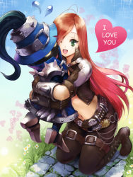 Rule 34 | 1girl, ;d, belt, boots, breasts, buckle, english text, flower, flying sweatdrops, full body, grass, green eyes, hair over one eye, heart, hug, katarina (league of legends), kneeling, league of legends, leg belt, long hair, lono (parkarar), midriff, navel, one eye closed, open mouth, red hair, shoulder spikes, smile, sparkle, spikes, text focus, veigar, very long hair