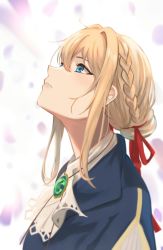 Rule 34 | 1girl, ascot, blonde hair, blue eyes, braid, brooch, crown braid, french braid, from side, hair between eyes, highres, jewelry, looking up, parted lips, red ribbon, renzu (lens 02), ribbon, solo, upper body, violet evergarden, violet evergarden (series)