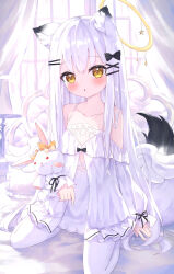 Rule 34 | 1girl, absurdres, animal ear fluff, animal ears, bare shoulders, black bow, blush, bow, brown eyes, collarbone, commentary request, curtains, dress, hair bow, hair ornament, hairclip, halo, highres, indoors, long hair, long sleeves, looking at viewer, low wings, masaki (msk064), off-shoulder dress, off shoulder, original, pantyhose, parted lips, puffy long sleeves, puffy sleeves, sitting, sleeves past wrists, solo, star (symbol), stuffed animal, stuffed rabbit, stuffed toy, tail, very long hair, wariza, white dress, white hair, white pantyhose, white wings, window, wings, x hair ornament