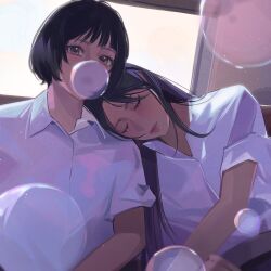 Rule 34 | 2girls, black hair, blowing bubbles, brown eyes, closed eyes, closed mouth, collared shirt, commentary, hanni (newjeans), hashtag-only commentary, head on another&#039;s shoulder, highres, indoors, long hair, looking at viewer, miix777, minji (newjeans), multiple girls, newjeans, real life, school uniform, shirt, short hair, short sleeves, sleeping, sleeping on person, upper body, white shirt