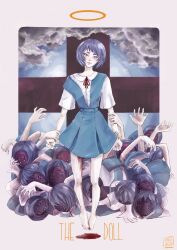 Rule 34 | artist name, ayanami rei, blood, blue hair, blush, bow, clenched hands, cloud, cloudy sky, cross, english text, floating hair, halo, highres, holding, holding hands, holding weapon, looking at viewer, maria dresden, mask, multiple eyes, multiple girls, neon genesis evangelion, no shoes, no socks, pile, red eyes, red ribbon, ribbon, ribbon bow, school uniform, short hair, short sleeves, skirt, sky, tilted head, weapon, white background