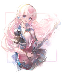 Rule 34 | 1girl, anniversary, aqua nails, black jacket, blue eyes, blue skirt, commentary, cowboy shot, electric guitar, guitar, hairband, headphones, highres, holding, holding instrument, instrument, jacket, kei (keigarou), leo/need luka, long hair, looking at viewer, megurine luka, miniskirt, nail polish, necktie, open mouth, pink hair, project sekai, red necktie, shirt, skirt, sleeves rolled up, smile, solo, very long hair, vocaloid, white shirt