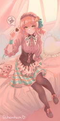 Rule 34 | 1girl, absurdres, artist name, blonde hair, box, box of chocolates, candy, cherrhara, chocolate, chocolate heart, closed mouth, commentary, dress, english commentary, eyelashes, food, frilled dress, frills, full body, green eyes, heart, highres, holding, holding chocolate, holding food, indoors, looking at viewer, medium hair, natalia luzu kimlasca lanvaldear, on bed, pantyhose, sitting, smile, solo, spoken skull, tales of (series), tales of the abyss, twitter username, valentine, window