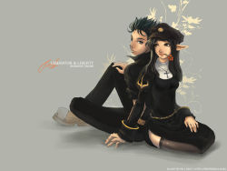 Rule 34 | 1boy, 1girl, alternate color, black cat, black dress, black eyes, black hair, black headwear, black pants, black shirt, black thighhighs, blacksmith (ragnarok online), boots, brown footwear, cat, character name, closed mouth, commentary, commentary request, commission, cross, cross necklace, dress, ekaterina orange, english commentary, flower, flower in mouth, full body, habit, hat, jewelry, juliet sleeves, long hair, long sleeves, looking at viewer, looking to the side, mixed-language commentary, necklace, pants, peaked cap, photoshop (medium), pointy ears, priest (ragnarok online), puffy sleeves, ragnarok online, red flower, russian commentary, seiza, shirt, short hair, short sleeves, sitting, sleeves rolled up, smile, thighhighs