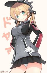 Rule 34 | 1girl, ahenn, aqua eyes, black skirt, blonde hair, blush, commentary request, doyagao, hair between eyes, hat, kantai collection, long hair, long sleeves, low twintails, military, military hat, military uniform, panties, peaked cap, pink background, pleated skirt, prinz eugen (kancolle), simple background, skirt, smile, smug, solo, twintails, twitter username, underwear, uniform, white panties