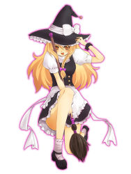 Rule 34 | 1girl, bad id, bad pixiv id, blonde hair, braid, broom, female focus, full body, gradient background, hat, kirisame marisa, long hair, mary janes, shoes, solo, touhou, white background, witch, witch hat, yellow eyes, yunako (artist)