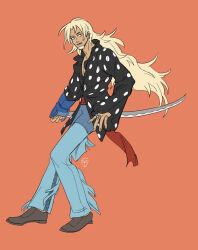 Rule 34 | 1boy, black shirt, blonde hair, commentary, denim, earrings, english commentary, eyelashes, facial hair, full body, goatee, jeans, jewelry, killer (one piece), long hair, looking to the side, male focus, multiple rings, one piece, pants, pastghost, red background, red sash, ring, sash, shirt, solo, sword, very long hair, weapon, wide sleeves