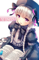 Rule 34 | 10s, 1girl, alice (fate), bird, blush, book, braid, doll joints, dress, fal (fal-se-0), fate/extra, fate/grand order, fate (series), hat, joints, long hair, looking up, nursery rhyme (fate), purple eyes, silver hair, solo
