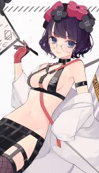 Rule 34 | 1388chan, 1girl, bare shoulders, bikini, black bikini, black gloves, blue eyes, breasts, chest harness, fate/grand order, fate (series), fishnet thighhighs, fishnets, flower, glasses, gloves, hair flower, hair ornament, harness, highres, holding, holding pen, jacket, katsushika hokusai (fate), looking at viewer, medium breasts, navel, off shoulder, official alternate costume, pen, purple hair, red gloves, revealing clothes, short hair, sitting, skirt, small breasts, smile, solo, swimsuit, thighhighs, two-tone gloves, unworn jacket, white background, white jacket