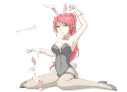 Rule 34 | 1girl, absurdres, alternate costume, animal ears, arm up, black footwear, black leotard, bow, bowtie, breasts, bridal garter, card, cleavage, covered navel, detached collar, green eyes, hand on own ear, high heels, highres, large breasts, leotard, long hair, looking at viewer, pantyhose, parted lips, playing card, ponytail, pyrrha nikos, rabbit ears, rabbit tail, red hair, rwby, sitting, solo, tail, tiara, touching ears, translation request, tsukimizake, white background, wrist cuffs, yokozuwari