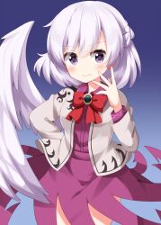 Rule 34 | 1girl, arrow (symbol), blue background, blush, bow, bowtie, braid, breasts, closed mouth, collared dress, dress, french braid, gradient background, grey jacket, hair between eyes, hand on own hip, highres, jacket, kishin sagume, long sleeves, looking to the side, medium breasts, one-hour drawing challenge, open clothes, open jacket, purple background, purple dress, purple eyes, red bow, red bowtie, ruu (tksymkw), short hair, smile, solo, standing, touhou, white hair