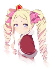 Rule 34 | 1girl, beatrice (re:zero), blonde hair, blue eyes, bow, capelet, crown, drill hair, from side, grey background, hair bow, highres, long hair, looking at viewer, looking to the side, mini crown, pink bow, re:zero kara hajimeru isekai seikatsu, red capelet, ribbon, sidelocks, simple background, symbol-shaped pupils, twin drills, upper body, yasehattagi