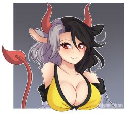 Rule 34 | 1girl, animal ears, artist name, bare shoulders, black hair, blush, border, breasts, cleavage, collarbone, commentary, cow ears, cow horns, cow tail, gradient background, grey background, grey hair, hair between eyes, haori, horns, japanese clothes, large breasts, looking at viewer, multicolored hair, off shoulder, outline, outside border, red eyes, short hair, smile, solo, split-color hair, sports bra, tail, touhou, transparent border, twitter username, two-tone hair, upper body, ushizaki urumi, white outline, yulynn-chan
