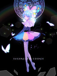 Rule 34 | 1girl, bare legs, bare shoulders, blue hair, butterfly wings, character name, cookie run, dress, elbow gloves, eyelashes, flower, frills, full body, gloves, glowing, hand on own chest, high collar, highres, humanization, insect wings, knees up, lace, lace-trimmed gloves, lace trim, light blue hair, light rays, long dress, long hair, looking to the side, mamimumemo, multicolored clothes, multicolored dress, personification, purple eyes, purple hair, short hair, sitting, solo, stained glass, strapless, strapless dress, sugar glass cookie, window, wings