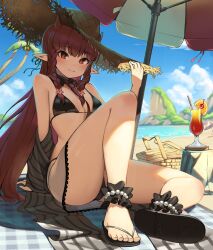 Rule 34 | 1girl, absurdres, anklet, arknights, bare shoulders, basket, beach, beach umbrella, bikini, black bikini, blue sky, blunt bangs, braid, breasts, cherry, closed mouth, cup, day, detached collar, drink, drinking glass, flip-flops, food, fruit, full body, hair ornament, hand on headwear, hat, highres, horns, horns through headwear, jewelry, kamome0ningen, knee up, legs, long hair, looking at viewer, necktie, official alternate costume, orange (fruit), orange slice, outdoors, pointy ears, red eyes, red hair, red necktie, sandals, see-through, side-tie bikini bottom, sitting, sky, small breasts, smile, solo, star (symbol), star hair ornament, straw hat, swimsuit, toenails, toes, twin braids, umbrella, very long hair, vigna (arknights), vigna (casual vacation) (arknights)