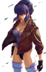 Rule 34 | 1girl, breasts, cleavage, ghost in the shell, ghost in the shell stand alone complex, gloves, highres, hikonyaaa, jacket, kusanagi motoko, leotard, purple hair, red eyes, short hair, solo, wind