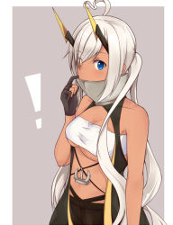 Rule 34 | !, 1girl, ahoge, azur lane, bandeau, black gloves, black shorts, blue eyes, blush, breasts, cleavage, commentary request, covered mouth, cowboy shot, dark-skinned female, dark skin, etosen, eyes visible through hair, gloves, hair between eyes, heart, heart ahoge, heterochromia, horns, indianapolis (azur lane), long hair, looking at viewer, mechanical horns, medium breasts, navel, partially fingerless gloves, shorts, solo, turtleneck, twintails, very long hair, white bandeau, white hair, yellow eyes