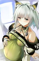 Rule 34 | 1girl, animal ears, arknights, bare shoulders, blush, breasts, cat ears, commentary, green eyes, highres, kal&#039;tsit (arknights), medium breasts, nipples, no bra, pregnant, see-through, silver hair, solo, stethoscope, take (trude1945oneetyan), translucent