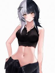 Rule 34 | 1girl, absurdres, black hair, breasts, cloud etoile, crop top, cross, cross earrings, earrings, grey hair, hand on own hip, highres, hololive, hololive english, jewelry, medium breasts, midriff, multicolored hair, navel, pendant, shiori novella, solo, split-color hair, virtual youtuber, wide hips, yellow eyes