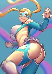 Rule 34 | 1girl, ass, blonde hair, blue background, blue eyes, breasts, clenched teeth, long hair, mask, rainbow mika, solo, street fighter, street fighter v, teeth, twintails, yuu3