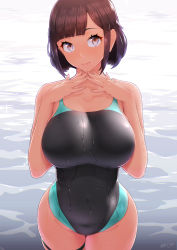 Rule 34 | 1girl, backlighting, bare shoulders, black one-piece swimsuit, blue one-piece swimsuit, blush, breasts, brown eyes, brown hair, closed mouth, collarbone, commentary request, cowboy shot, highleg, highleg swimsuit, highres, large breasts, legs together, looking at viewer, nanahime, one-piece swimsuit, original, revision, short hair, smile, solo, standing, swimsuit, thighs, two-tone swimsuit, wading, water, wet, wet clothes, wet swimsuit