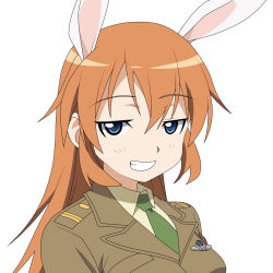 Rule 34 | 1girl, animal ears, blue eyes, charlotte e. yeager, green necktie, grin, highres, long hair, military, military uniform, necktie, non-web source, orange hair, rabbit ears, rabbit girl, smile, solo, strike witches, uniform, world witches series
