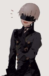 Rule 34 | 1boy, 9s (nier:automata), black jacket, blindfold, choker, covered eyes, facing viewer, grey background, grey hair, jacket, male focus, malt 40, nier:automata, nier (series), open mouth, short hair, simple background, smile, solo, waving
