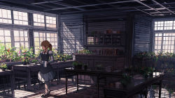Rule 34 | 1girl, book, book stack, brown hair, cabinet, hair ribbon, highres, indoors, jean popo, long sleeves, maid, mary janes, neck ribbon, open book, original, plant, ponytail, potted plant, profile, puffy long sleeves, puffy sleeves, ribbon, scenery, shadow, shoes, skirt, solo, standing, sunlight, table, wallpaper, watering can, wide shot, window