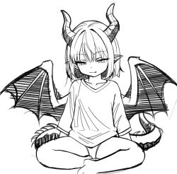 1girl absurdres bare_legs barefoot black_shorts breasts butterfly_sitting collarbone cunvaroy dragon_girl dragon_horns dragon_tail fang highres horns long_sleeves monochrome pointy_ears short_hair shorts simple_background sitting sketch small_breasts smile smug tagme tail unfinished white_background