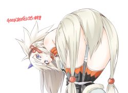 Rule 34 | 1girl, ass, bad id, bad twitter id, bent over, blush, hairband, highres, horns, kirin (armor), looking at viewer, looking back, monster hunter (series), niwaka potato, open mouth, panties, panty pull, single horn, solo, strapless, tube top, underwear, white hair