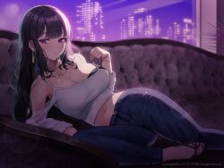 Rule 34 | 1girl, absurdres, arm support, black bra, blue pants, bra, bracelet, breasts, city, cleavage, clothing cutout, couch, denim, earrings, highres, indoors, jeans, jewelry, large breasts, lens flare, long hair, lying, midriff, multiple rings, nail polish, navel, night, official art, on side, original, pants, parted lips, pink nails, purple eyes, purple hair, purple nails, rank alee, ring, shirt, shoulder cutout, solo, spaghetti strap, strap pull, strapless, strapless bra, toenail polish, toenails, underwear, white shirt