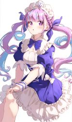 Rule 34 | 1girl, :o, absurdres, ahoge, anchor, blue bow, blue dress, blue hair, blue ribbon, blush, bow, braid, breasts, cleavage, colored inner hair, darjeeling (reley), dress, frilled dress, frills, hair ribbon, highres, hololive, long hair, looking at viewer, maid headdress, medium breasts, minato aqua, minato aqua (1st costume), multicolored hair, parted lips, pink hair, puffy short sleeves, puffy sleeves, purple eyes, ribbon, short sleeves, simple background, sitting, solo, twintails, two-tone hair, very long hair, virtual youtuber, white background, white bow, wrist cuffs