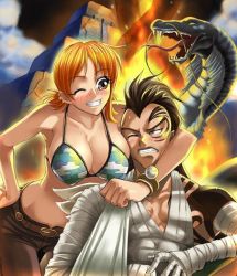 Rule 34 | 1boy, 1girl, animal, arm around neck, bandages, bangle, bare shoulders, belt, bikini, bikini top only, blush, bracelet, breast press, breasts, brown eyes, brown hair, cleavage, denim, dragon, facial tattoo, fangs, fire, forked tongue, giant snake, grin, hand on own hip, jeans, jewelry, kagami hirotaka, large breasts, log pose, long hair, midriff, mohawk, monster, nami (one piece), nola (one piece), one eye closed, one piece, orange hair, oversized animal, pants, short hair, short twintails, skypiea, smile, snake, swimsuit, tattoo, teeth, temple, tongue, twintails, wink, wiper