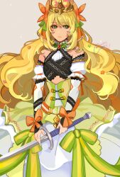 Rule 34 | 1girl, archived source, bare shoulders, bow, butterfly hair ornament, celine (fire emblem), closed mouth, cowboy shot, crown, detached sleeves, dress, dress bow, fire emblem, fire emblem engage, flower, green bow, green eyes, green ribbon, hair between eyes, hair flower, hair ornament, hair ribbon, highres, holding, holding sword, holding weapon, lamb (contra entry), long hair, looking at viewer, nintendo, orange bow, ribbon, solo, sword, twitter username, very long hair, weapon, wrist bow, yellow dress