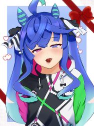 Rule 34 | 1girl, ahoge, animal ears, aqua hair, arms behind back, black ribbon, blue eyes, blue hair, blush, bow, candy, chocolate, chocolate heart, coat, commentary, drawstring, english text, food, food in mouth, gradient hair, hair ribbon, half-closed eyes, heart, heterochromia, highres, hood, hood down, hooded coat, horse ears, horse girl, ikarosub, long hair, long sleeves, looking at viewer, mixed-language commentary, mouth hold, multicolored coat, multicolored hair, purple eyes, red bow, red ribbon, ribbon, sidelocks, smile, solo, standing, twin turbo (umamusume), twintails, umamusume, upper body, valentine