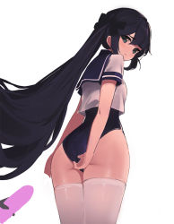 Rule 34 | 1girl, ass, black hair, black one-piece swimsuit, blue eyes, bow, breasts, closed mouth, commentary, cowboy shot, crop top, crop top overhang, from behind, genshin impact, hair bow, long hair, looking at viewer, looking back, mona (genshin impact), no headwear, no headwear, one-piece swimsuit, ponytail, prpr friends, sailor collar, sailor shirt, shirt, short sleeves, simple background, small breasts, solo, swimsuit, thighhighs, thighs, very long hair, white background, white shirt, white thighhighs