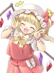 Rule 34 | +++, 1girl, ^ ^, arnest, blonde hair, bow, bowtie, closed eyes, commentary request, crystal, double v, facing viewer, fang, flandre scarlet, hands up, hat, hat bow, highres, long hair, mob cap, one side up, open mouth, puffy short sleeves, puffy sleeves, red bow, red skirt, red vest, shirt, short sleeves, simple background, skirt, smile, solo, touhou, upper body, v, vest, white background, white bow, white hat, white shirt, wings, wrist cuffs, yellow bow, yellow bowtie