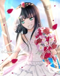 Rule 34 | 1girl, aqua eyes, artist name, artist request, bare shoulders, black hair, blue sky, blush, bouquet, breasts, celestial (shinobubudesuwa), celestialwvr, cloud, day, dress, female focus, flower, green eyes, holding, holding bouquet, jewelry, kurosawa dia, long hair, looking at viewer, love live!, love live! sunshine!!, mole, mole under mouth, necklace, outdoors, parted lips, pearl necklace, petals, red petals, skirt, sky, small breasts, smile, solo, tiara, veil, wedding dress, white dress, white skirt