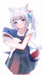 Rule 34 | 1girl, absurdres, animal ears, bag, black dress, blue eyes, blue hair, blunt bangs, cat ears, closed mouth, commentary request, cube hair ornament, dress, fins, fish tail, gawr gura, gawr gura (casual), grey background, grey hair, hair ornament, highres, hololive, hololive english, looking at viewer, multicolored hair, hugging object, shark tail, shirt, shoulder bag, side ponytail, simple background, sleeveless, sleeveless dress, smile, solo, standing, streaked hair, stuffed animal, stuffed shark, stuffed toy, tail, usagi (786113654), virtual youtuber, white shirt