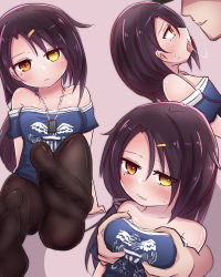 Rule 34 | 1girl, azur lane, bare shoulders, black hair, black pantyhose, blush, grabbing another&#039;s breast, breasts, cassin (azur lane), cleavage, clothes writing, feet, grabbing, grabbing from behind, groping, hair ornament, hairclip, heterochromia, long hair, looking at viewer, mole, mole under eye, no shoes, off shoulder, open mouth, pantyhose, saliva, shirt, thighhighs, tongue, tongue out, tori (eherotori), yellow eyes