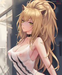 Rule 34 | 1girl, animal ears, arknights, artist name, bare arms, bare shoulders, black choker, blonde hair, blurry, blurry background, breasts, chihunhentai, choker, cleavage, collarbone, depth of field, fang, hair between eyes, high ponytail, highres, large breasts, lion ears, lion girl, long hair, looking at viewer, messy hair, nipples, parted lips, see-through, sidelocks, siege (arknights), sleeveless, smile, solo, tank top, upper body, very long hair, watermark, white tank top, yellow eyes