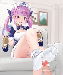Rule 34 | 1girl, blush, couch, cum, cum on body, cum on feet, feet, foot up, footjob, highres, holding, holding shoes, hololive, leg up, looking at viewer, lts kakuyo, maid, maid headdress, minato aqua, multicolored hair, open mouth, panties, pantyshot, pink eyes, pink hair, shoes, sitting, sock on penis, sockjob, socks, soles, streaked hair, striped clothes, striped panties, twintails, underwear, unworn shoes, virtual youtuber, white socks