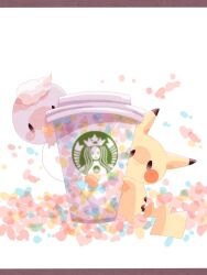 Rule 34 | animal focus, coffee cup, colored skin, commentary request, creatures (company), cup, disposable cup, drifloon, game freak, gen 1 pokemon, gen 4 pokemon, hanabusaoekaki, highres, letterboxed, nintendo, no humans, pikachu, pokemon, pokemon (creature), purple skin, solid oval eyes, starbucks, tail, white background, yellow skin