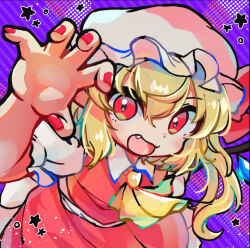 Rule 34 | 1girl, ascot, blonde hair, collared shirt, cowboy shot, crystal, fang, flandre scarlet, hat, highres, looking at viewer, medium hair, mob cap, nail polish, one side up, open mouth, puffy short sleeves, puffy sleeves, purple background, red eyes, red nails, red skirt, red vest, shirt, short sleeves, simple background, skirt, skirt set, solo, star (symbol), suguharu86, touhou, vest, white hat, white shirt, wings, yellow ascot