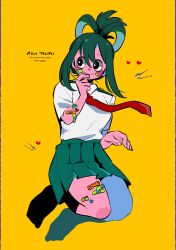 Rule 34 | 1girl, alternate hairstyle, anna (aannnaa3), asui tsuyu, bandaid, bandaid on arm, bandaid on cheek, bandaid on face, bandaid on leg, bandaid on thigh, black eyes, black socks, boku no hero academia, breasts, bright pupils, character name, closed mouth, collared shirt, commentary request, full body, green hair, green skirt, hair rings, hair up, heart, highres, kneehighs, medium breasts, necktie, no shoes, pleated skirt, red necktie, school uniform, shirt, sidelocks, simple background, skirt, smile, socks, solo, star sticker, sticker, sticker on face, sticker on leg, u.a. school uniform, white pupils, white shirt, yellow background